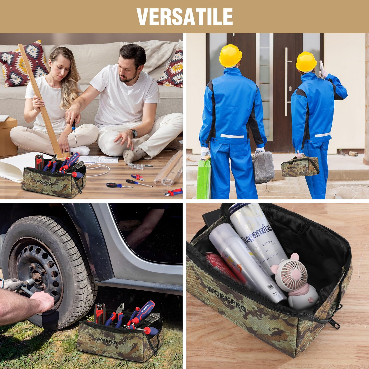 WORKPRO Tool Bag with Zipper, 10" Utility Wide Mouth Heavy Duty Tool Storage Bag, Multipurpose Zipper Tool Pouch Tote Bag for Organizer 3-pack, Camo