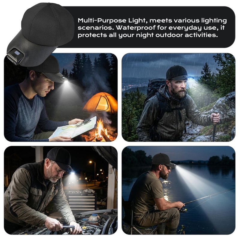 Ruirgo Clip On Light for Baseball Cap, Super Bright Rechargeable LED Headlamp Hat, 180° Adjustable Hands-Free Light, Waterproof Design for Running, Camping, Fishing, Hunting, Cycling