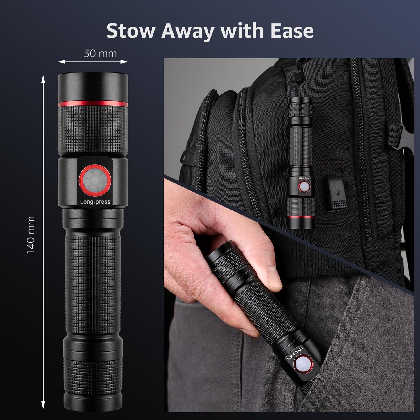 Lepro LED Flashlight Rechargeable, 3W 7500K, 5V Input, with Type-A to Type-C Cable, IPX4 Waterproof, Zoomable, 5 Lighting Modes, 150LM