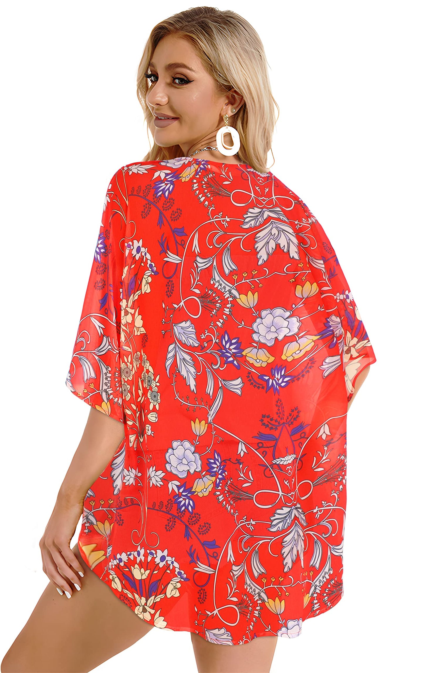 Summer Kimono Cardigan for Women Sheer Boho Tops Casual Open Front Swimwear Shirts Beach Cover ups (Boho Red,L)