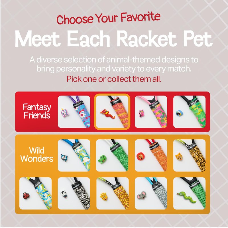 Racket Pets Kids Tennis Racket Dampener & Matching Overgrip Tape, Performance Shock Absorbing Dampener for Tennis Racket & Fun Animal Print Tennis Wrap Grip Tape (Dragon)