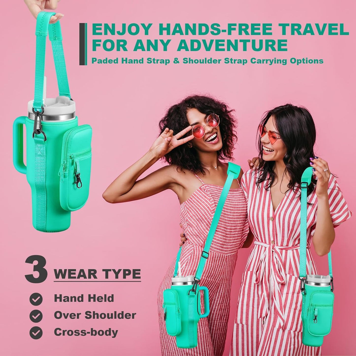 Stanley Water Bottle Carrier Bag - Insulated Neoprene Cup Holder with Phone Pocket | Adjustable Strap, Pink