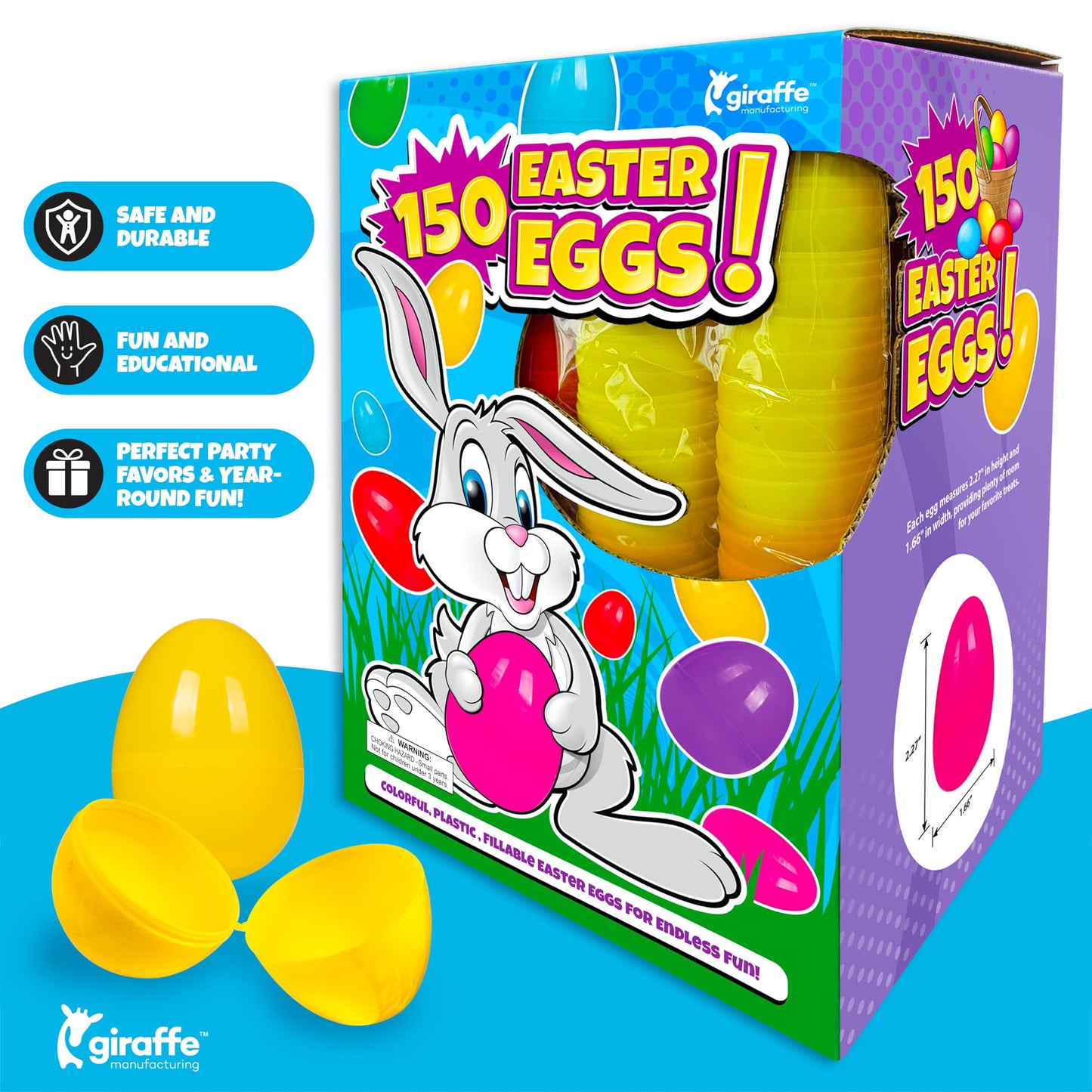 Giraffe 150 Pack Fillable Easter Eggs Bulk – Multi Color Empty Plastic Eggs for Kids - Easter Basket Stuffers for Kids Egg Hunt Prizes Party Favors Classroom Prizes Treasure Box Toys