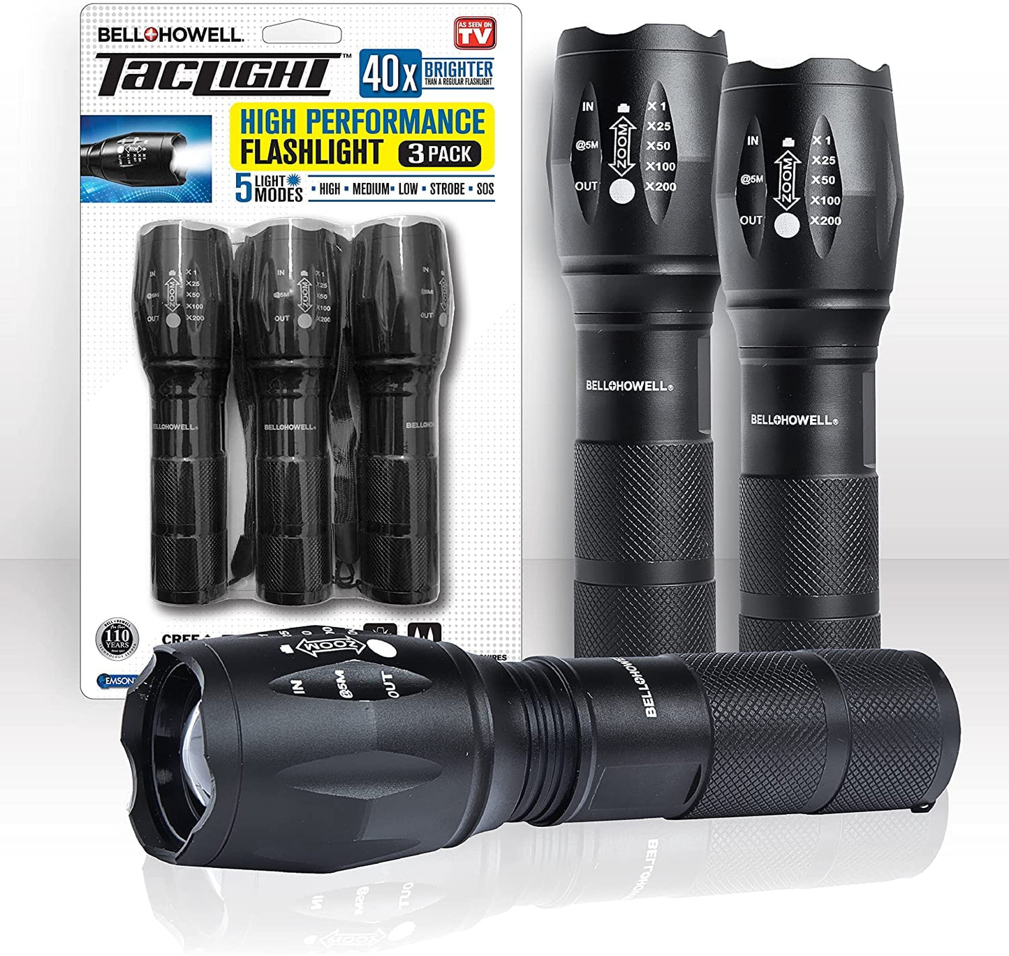 Taclight Flashlight by Bell+Howell High Lumens LED Tactical Flashlight 5 Modes & Zoom Function 40X Brighter Water Proof Handheld Flashlight for Emergency Camping Accessories As Seen On TV Set of 3