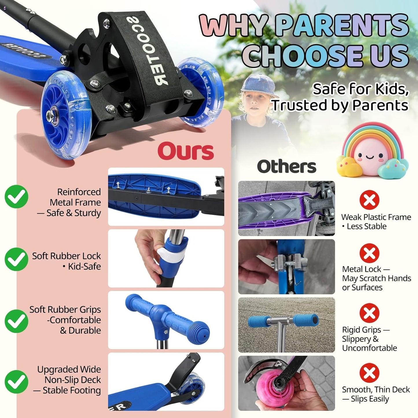 Skiennix Kick Scooter for Kids | Adjustable 28"-32" Handlebar | Light-Up Wheels & Anti-Slip Deck
