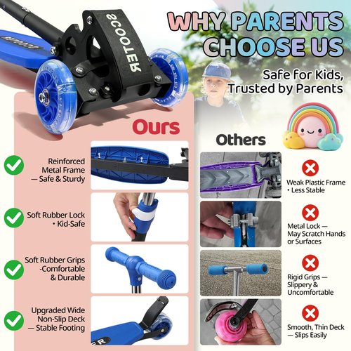 Kick Scooters for Kids 5-7 8-12,Lean to Steer,Three Wheeled Light Up,28"-32" Adjustable Handlebar,Widen Anti-Slip Deck,Floor Push Scooter for Boys Girls Ages 6-12 Old,Foldable for Travel - Blue