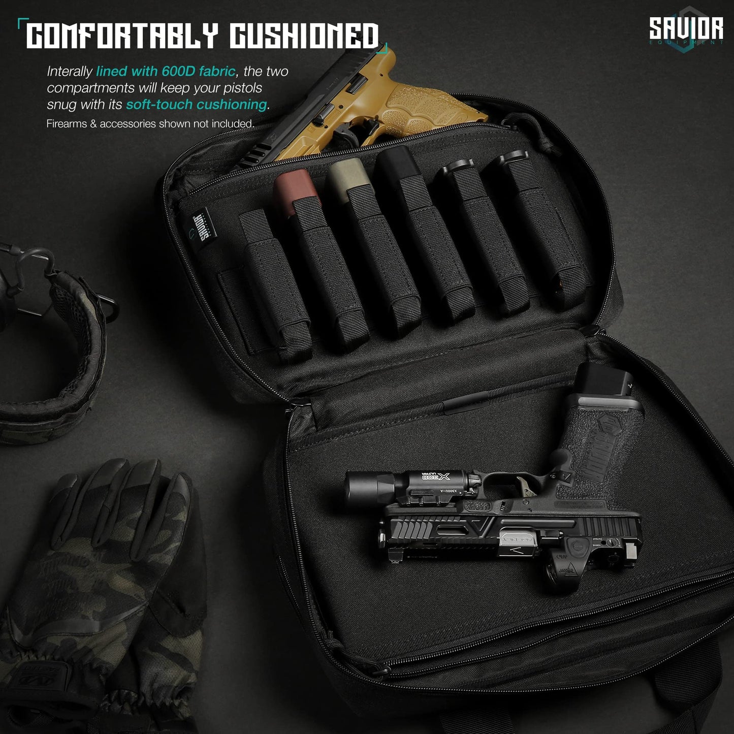Savior Equipment Specialist Series Tactical Double Scoped Handgun Firearm Case Pistol Bag For Outdoor Hunting Shooting Range, Lockable Compartment
