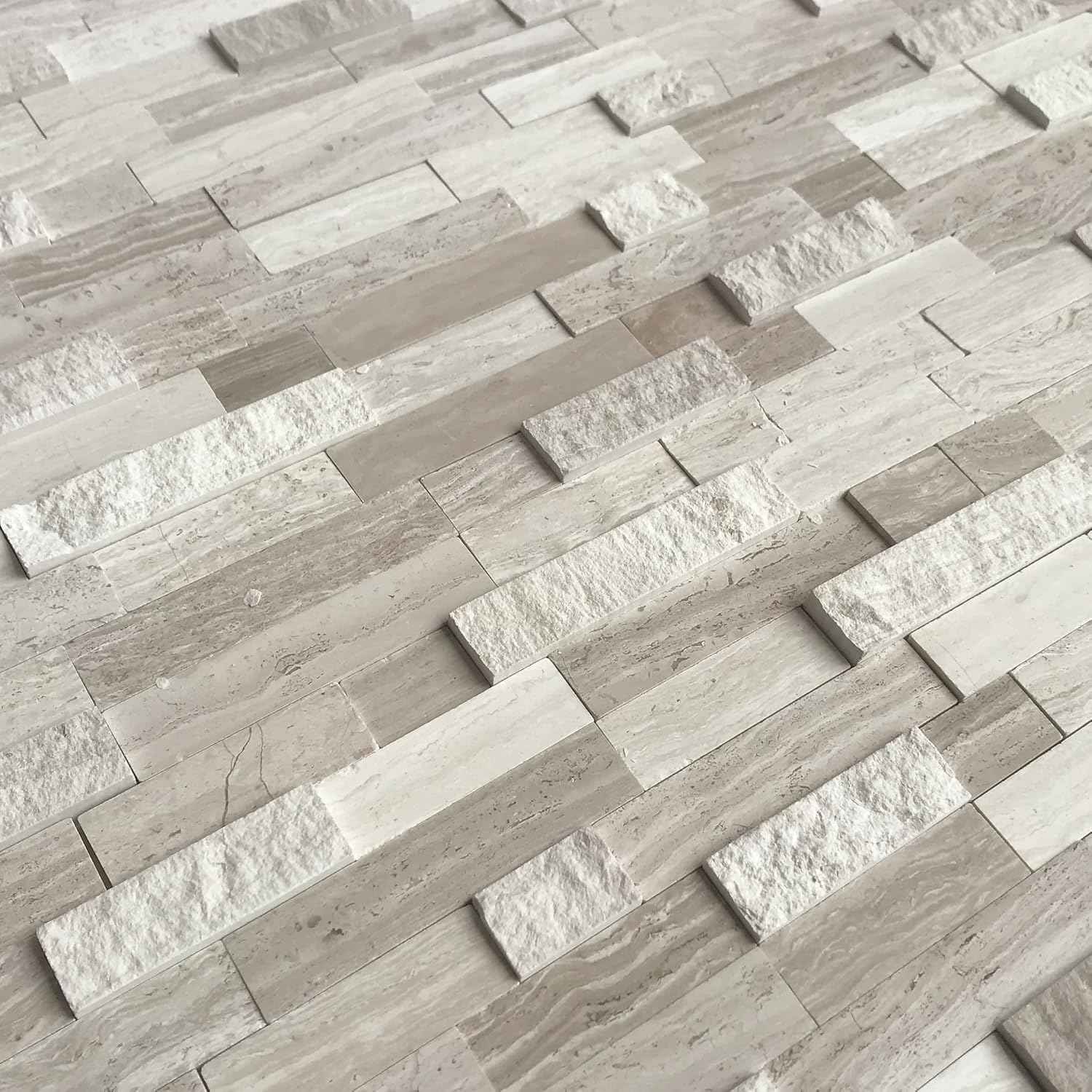 Peel and Stick 3D Stone Mosaic Tiles - 12x11" Self-Adhesive Backsplash for Kitchen & Bathroom - 5 Sheets, Mixed Tan