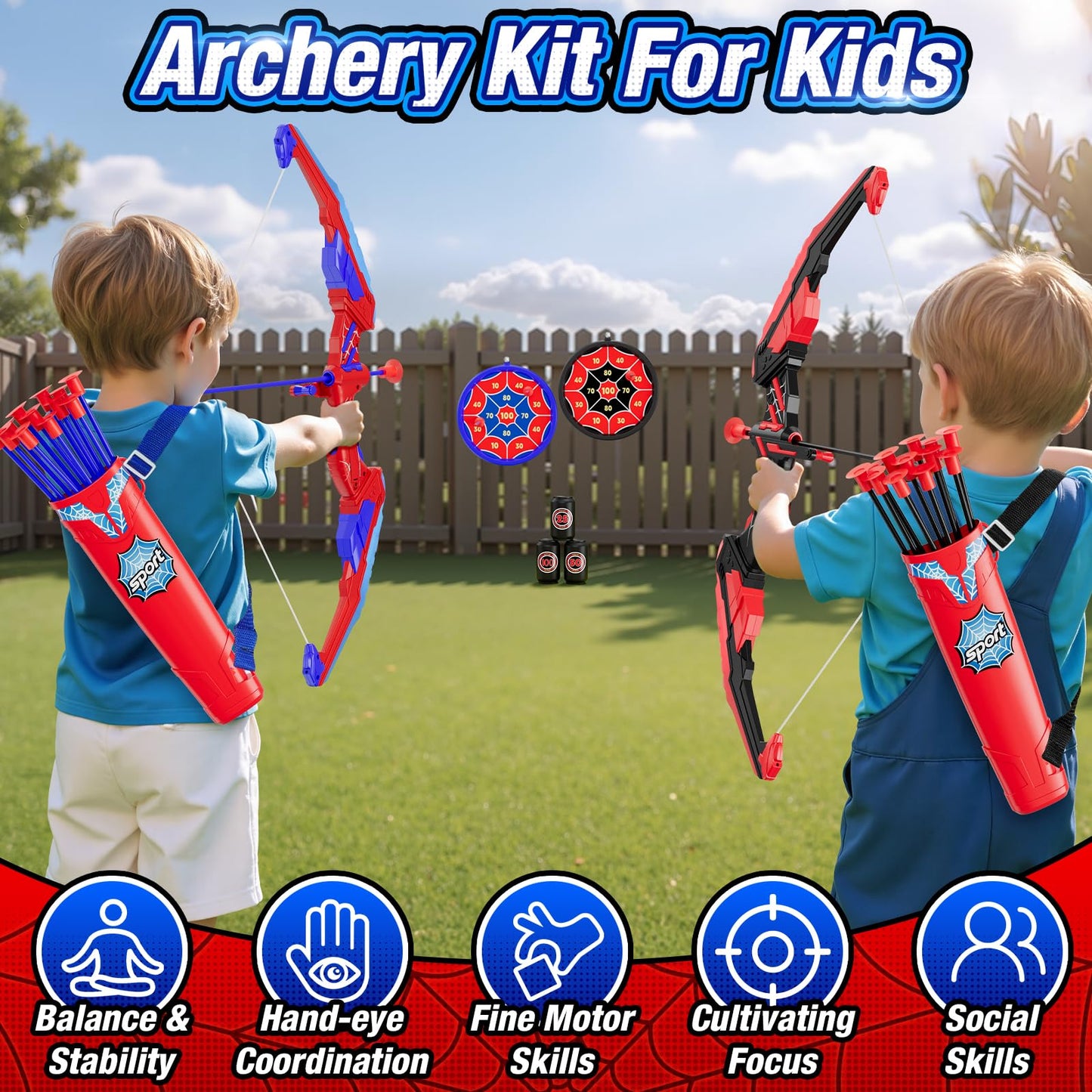 HYES 2PCS Bow and Arrow for Kids, LED Light Up Archery Set with 24 Suction Cup Arrows, 2 Hanging Target, 6 Score Targets & 2 Quiver, Indoor Outdoor Sport for Boys Girls Ages 4-12
