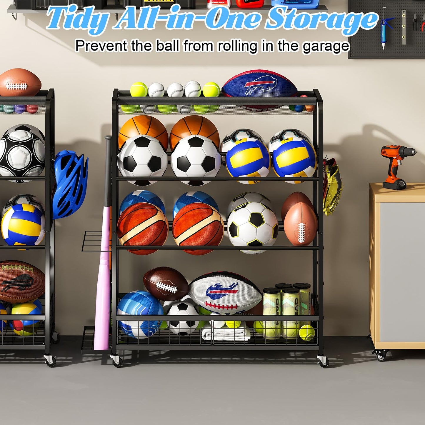 Basketball Hoop,Wheeled Sports Ball Storage Rack,Double-Row Basketball Hoop Holds 16+ Balls,Ball Storage Rack with Baseball Bat Holder and Hooks,Stores Basketballs,Soccer Balls,Footballs,etc.-Black
