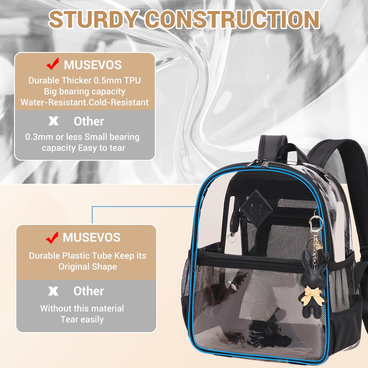 MUSEVOS Clear Backpack for Stadium Events Approved 12×6×12, Thick TPU Mini Clear Bag with Front Pocket for Concert Sport Events Work Travel, Black