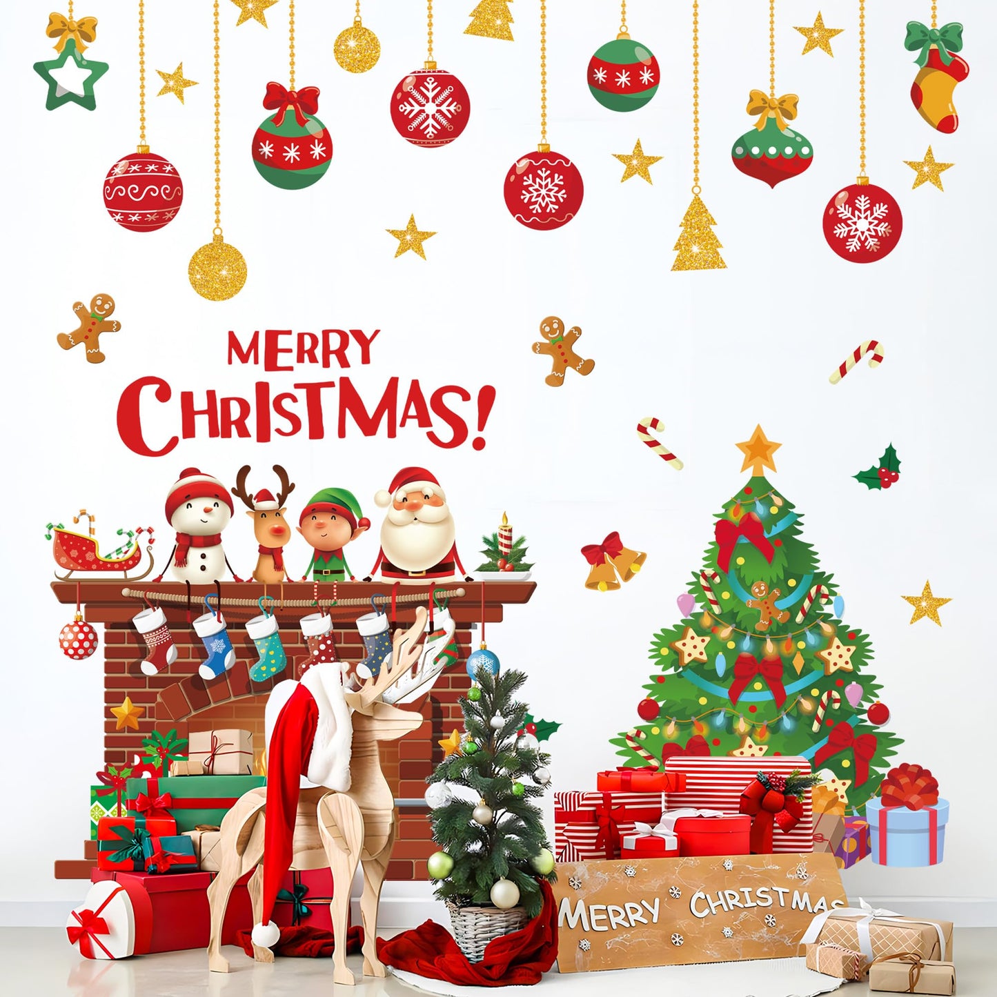 Christmas Wall Decals Christmas Tree Wall Stickers Xmas Ball Fireplace Decals Stickers Removable Merry Christmas Wall Decorations for Xmas Party Bedroom Living Room Office Home Decor, 4 Sheets