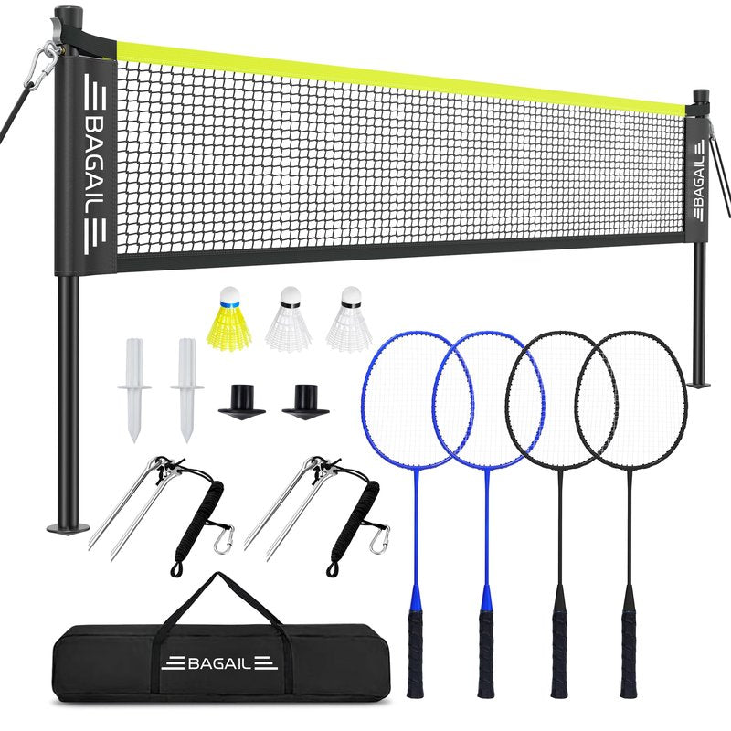 BAGAIL Outdoor Badminton Net Set with Anti-Sag Winch System - Official Size 20ft x 5ft, 4 Rackets, 3 Shuttlecocks, Durable PE Net & Carry Bag for Backyard, Beach, Family Games - Yellow