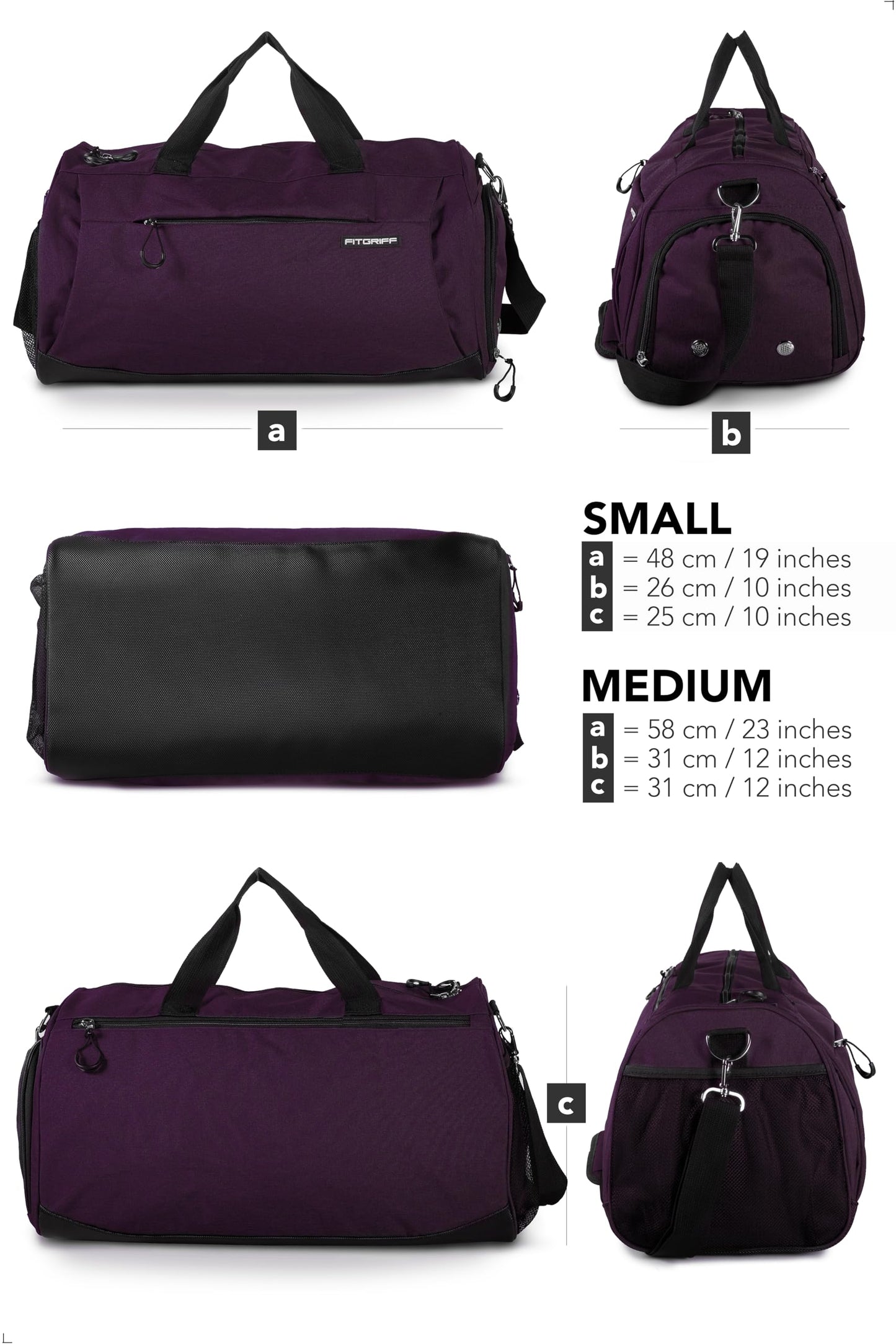 Fitgriff® Gym Bag for Men & Women with Shoe & Wet Compartment - Duffle Bag for Travel, Sports, Fitness & Workout (Mulberry, 23 x 12 x 12″ (Medium))
