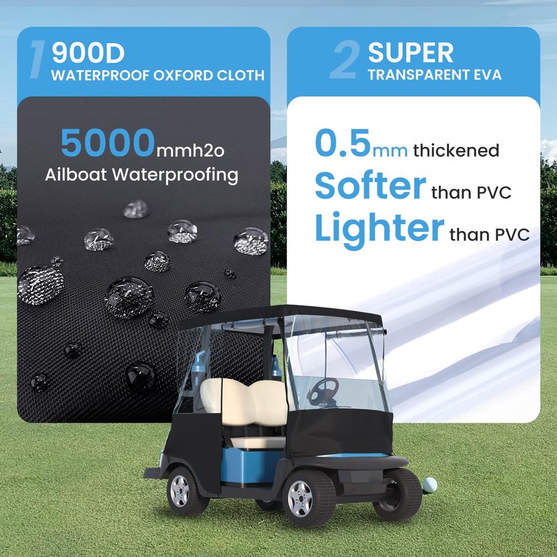 Santiano Golf Cart Cover 2 Passenger - 900D Waterproof Driving Enclosure with 0.5mm Clear PVC, Windproof Rain Protection for EZGO TXT/RXV & Club Car Precedent (Fits Roof up to 58")