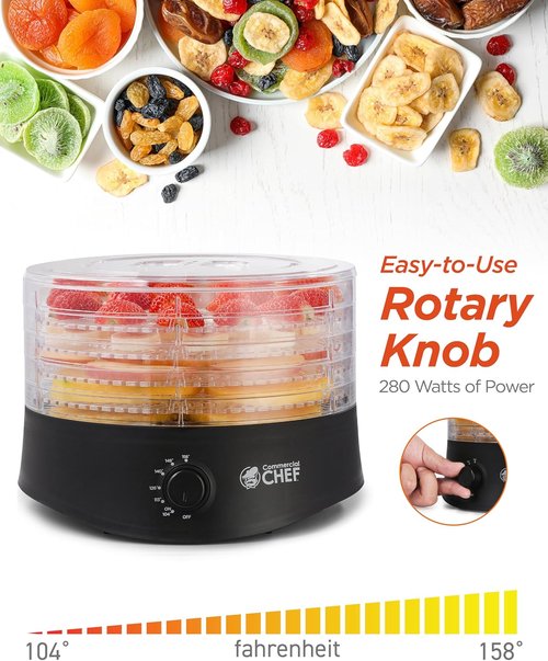 Commercial Chef Food Dehydrator - 280W Adjustable Thermostat, 5 BPA-Free Trays for Meat, Fruit & Veggies | Black