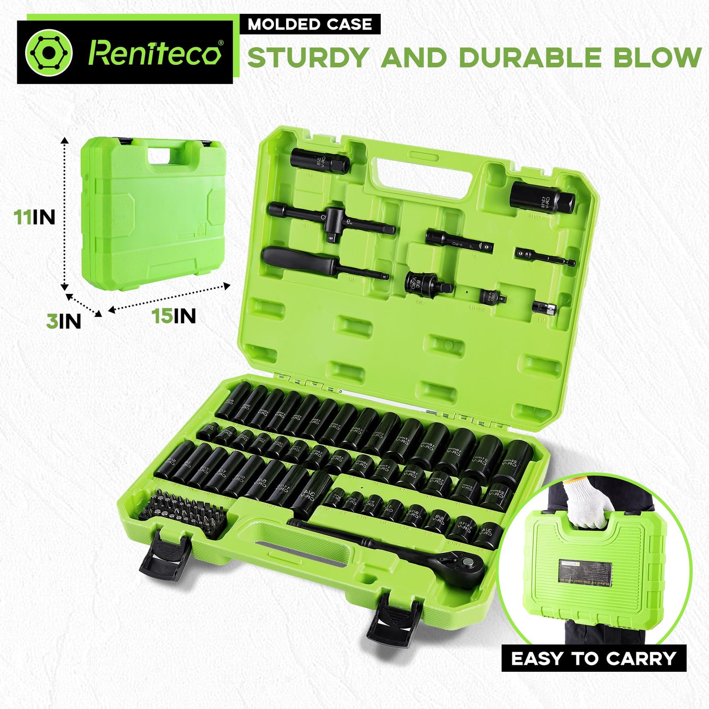 Reniteco 95-Piece 3/8" Socket Set, SAE (5/16"-3/4") & Metric (8mm-22mm), Ratchet Handle, Extension Bar, Adapter, Universal Joint, Power Drill Adapter, Screwdriver Bit, Spark Plug Socket