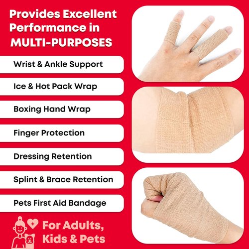 Ever Ready First Aid Self Adherent Cohesive Wrap Bandages, 2” x 5 Yards for First Aid, Sprains, Swelling, Sports, Pets, Tan Color – 12 Count