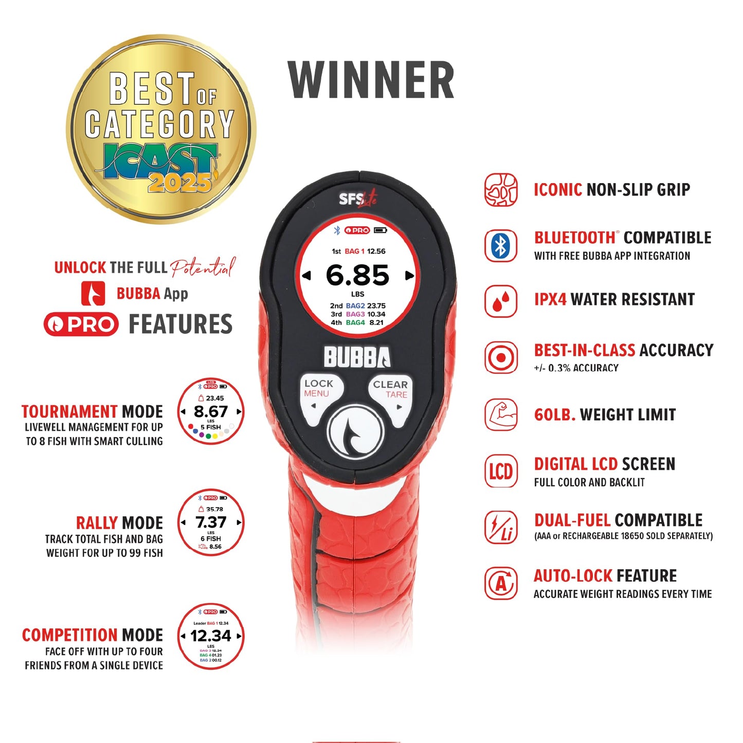 BUBBA Smart Fish Scale LITE, Tournament Fishing Tool with Bluetooth App Compatability, LED Screen, 60lb Limit