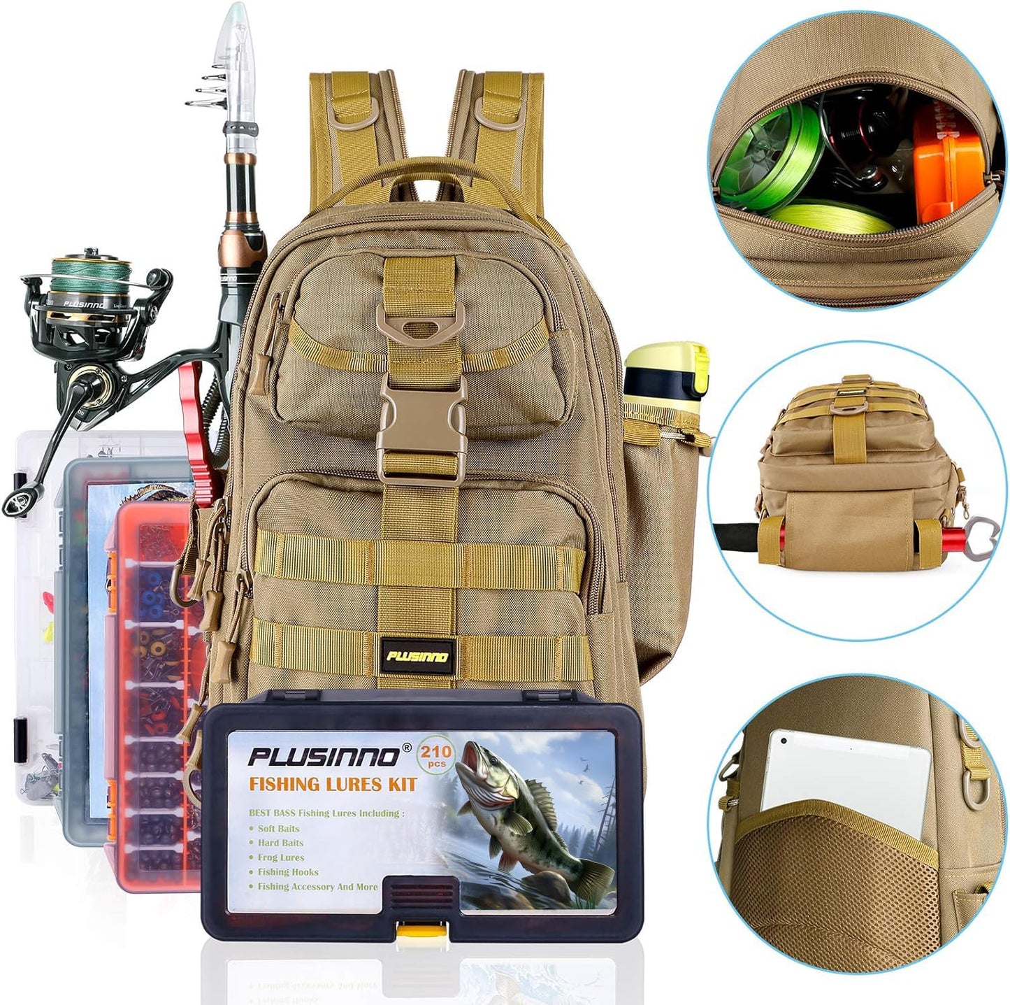 PLUSINNO Fishing Backpack Tackle Bag, Water-Resistant Backpack with Rod Holder, Ideal Gifts for Men