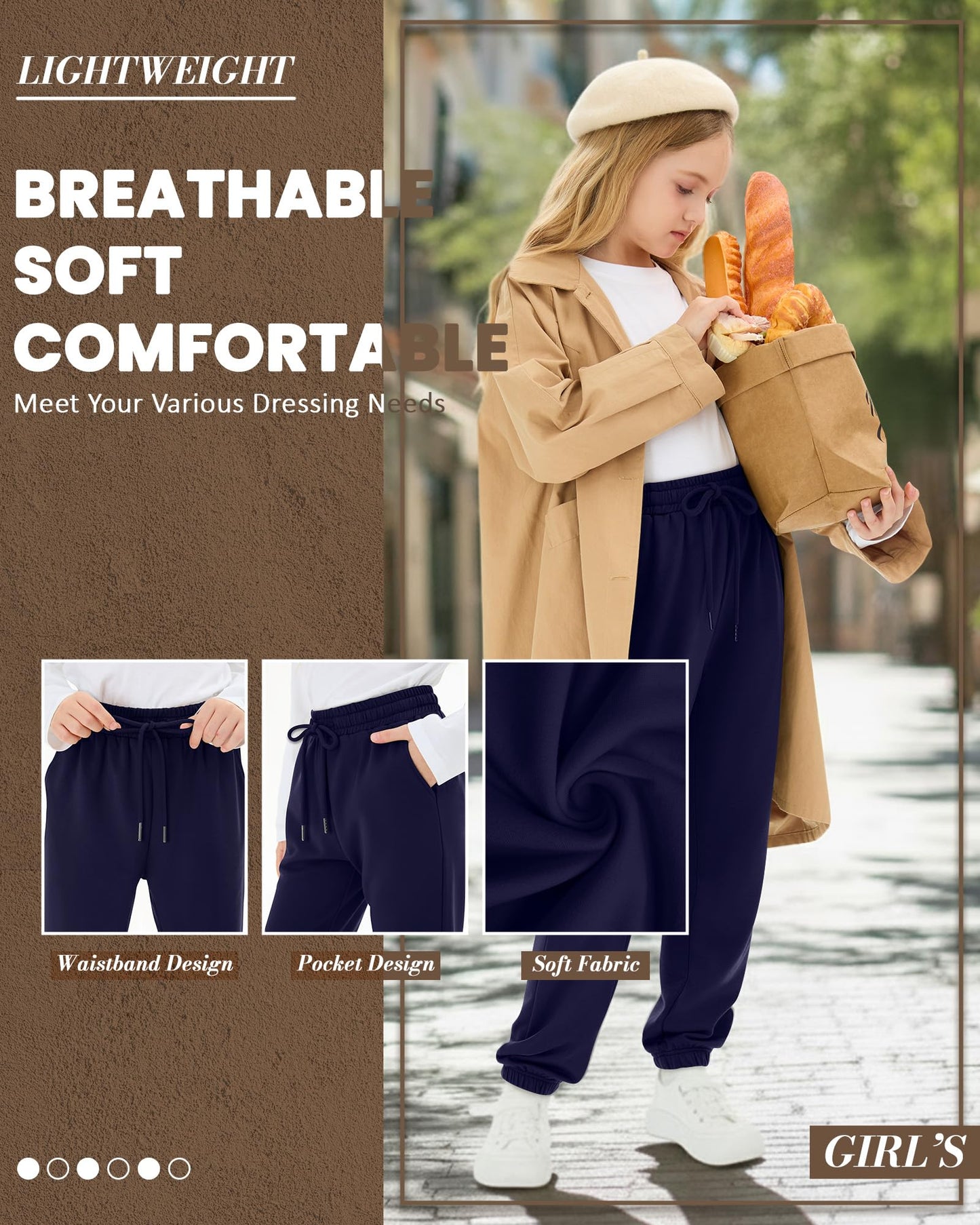 LessonZoo 4 Pack Girls' Jogger Sweatpants Girls Drawstring Sweat Pants Teens Activewear Kids Joggers with Pockets (Ages 5-16)(Navy Blue, Dark Gray, Light Gray,Black,X-Large)