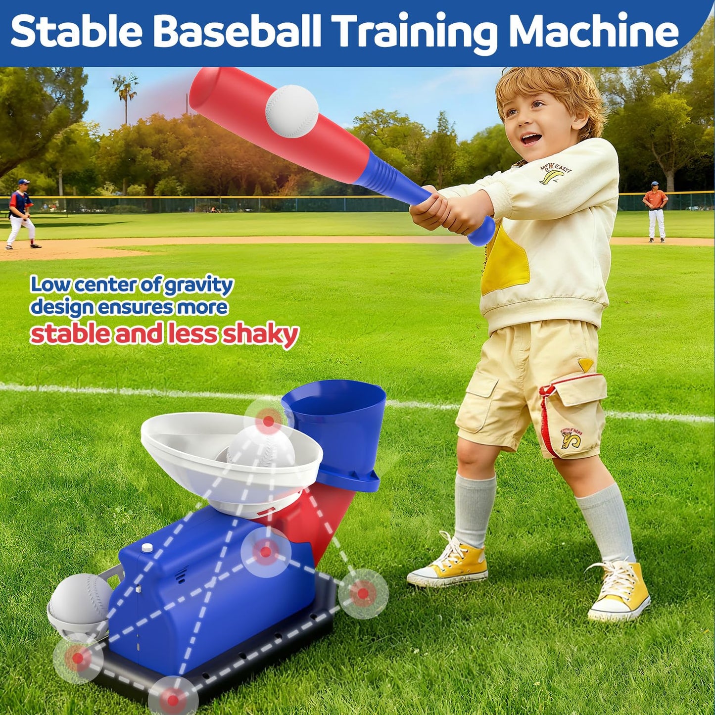 Jovizo Automatic Baseball Pitching Machine for Kids, Baseball Hitting Trainer with Bat & 4 Balls, T Ball Launcher Training Equipment, Outdoor Indoor Sports Toy Gift for Boys Girls 6+