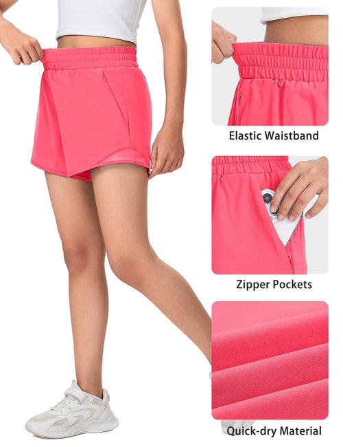 Somaibo Girls Athletic Shorts with Liner Quick Dry Running Soccer Shorts with Zip Pockets for Kids Active Sports Volleyball 11-12 Years Bright Red