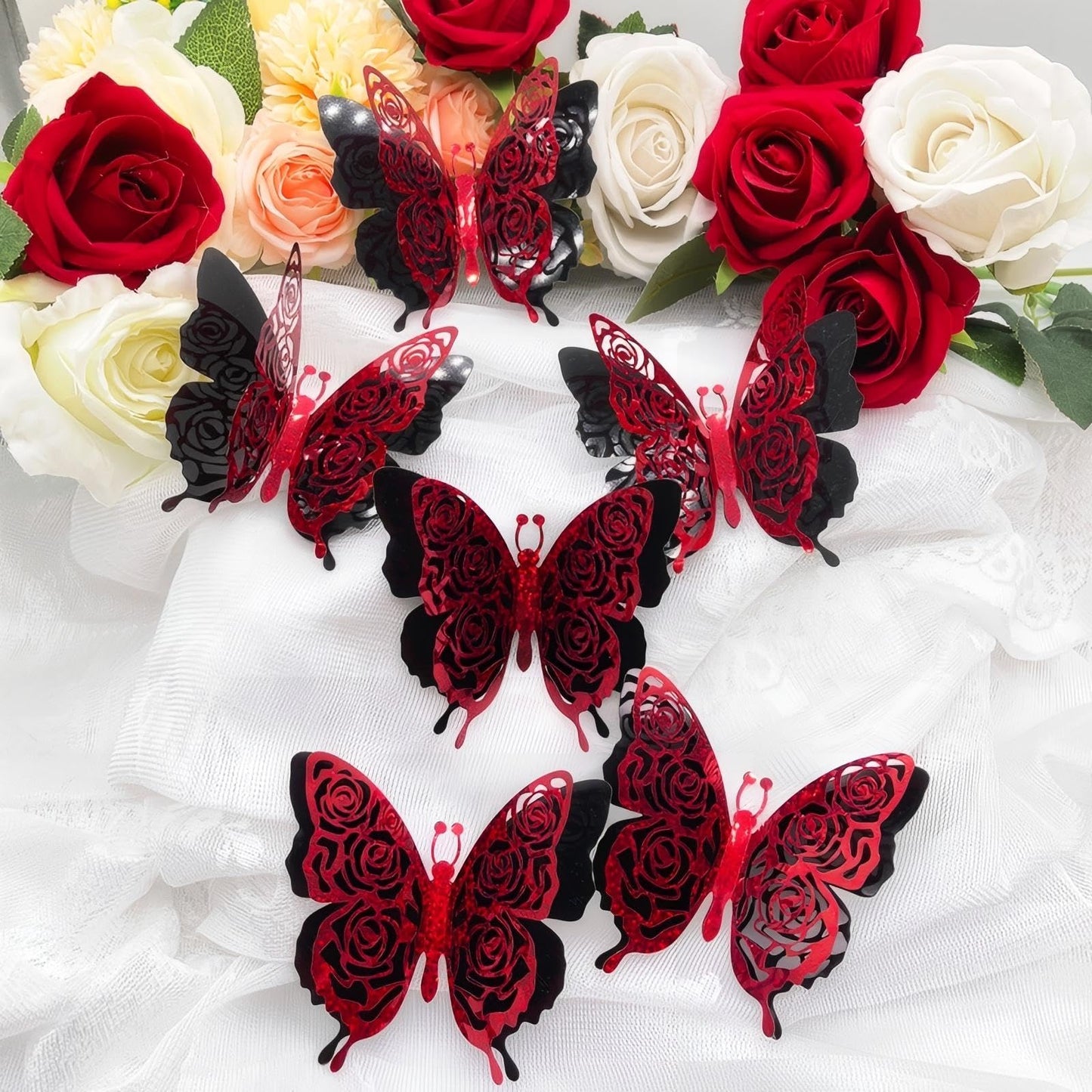 Rchovsam 3D Butterfly Wall Decor Summer Party Rose Butterfly Sticker Decoration 3.85x4.6 inche Red Black Double Deck Removable Sticker for Birthday Holiday Party Decoration-6pcs