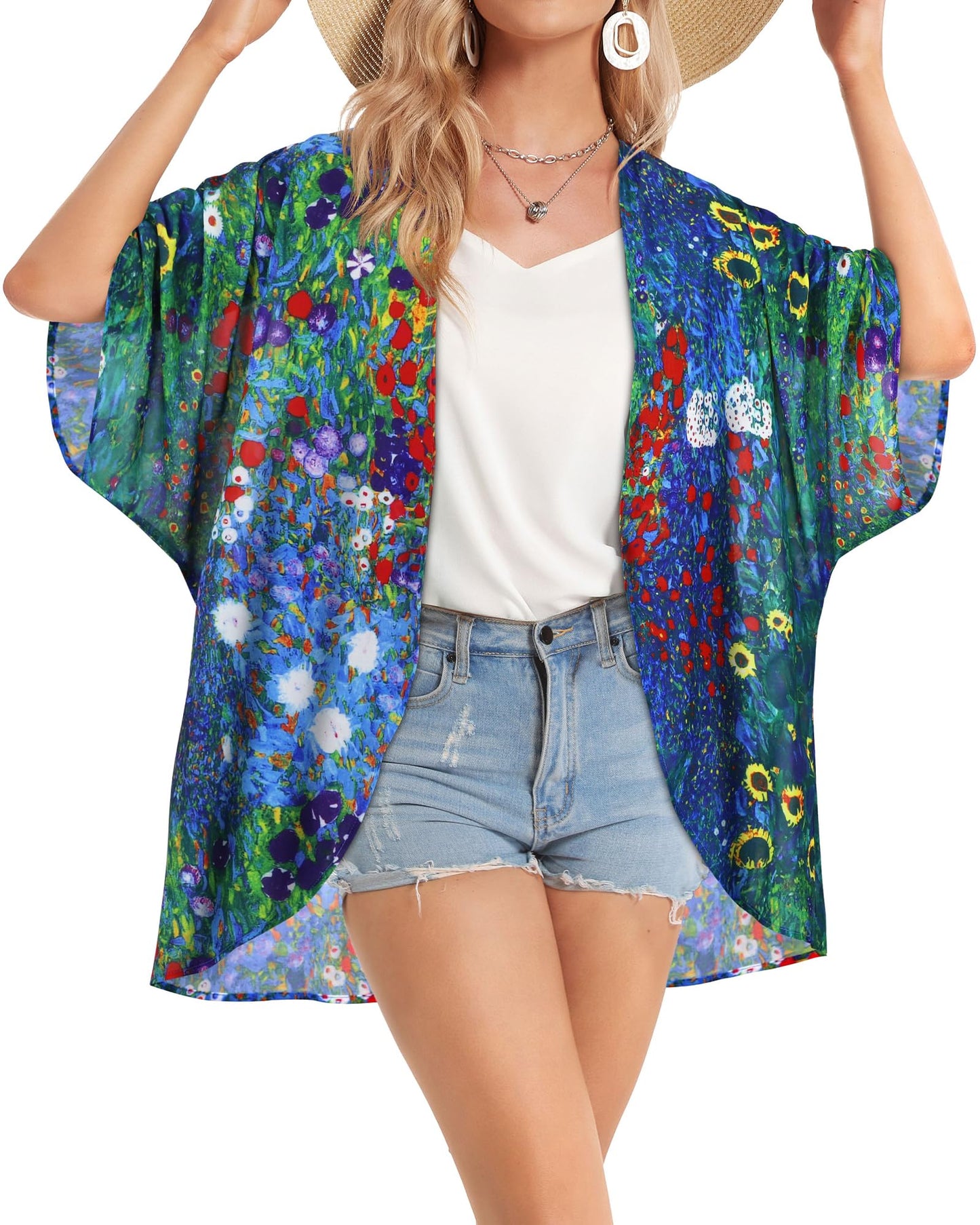 Summer Kimono Cardigan for Women Sheer Hawaii Tops Casual Open Front Swimwear Shirts Beach Cover ups (Green Daisy,L)