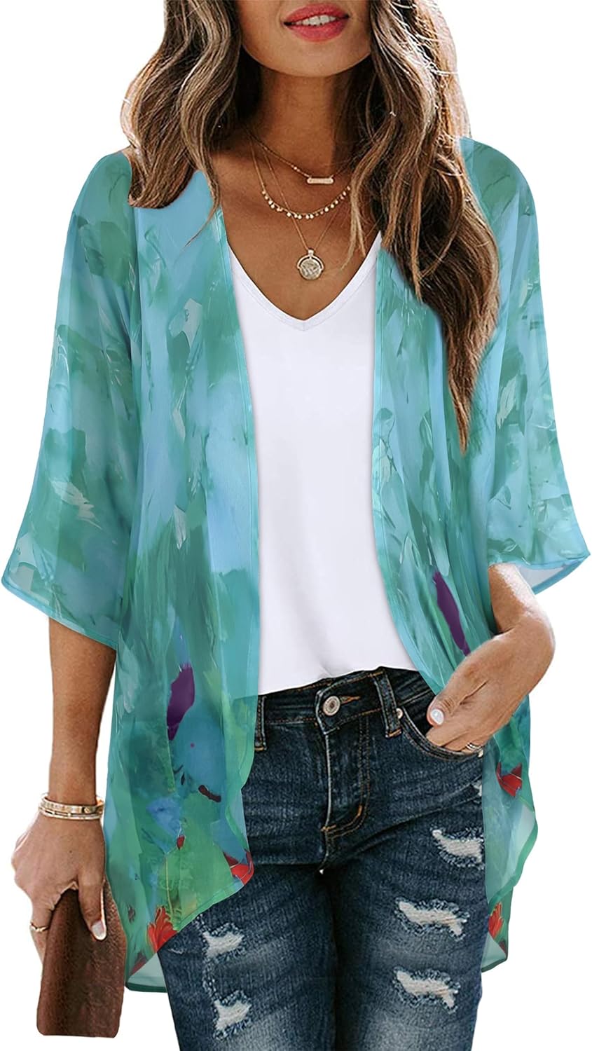 Skiennix Women's Floral Print Kimono Cardigan - Casual Puff Sleeve Cover-Up Top