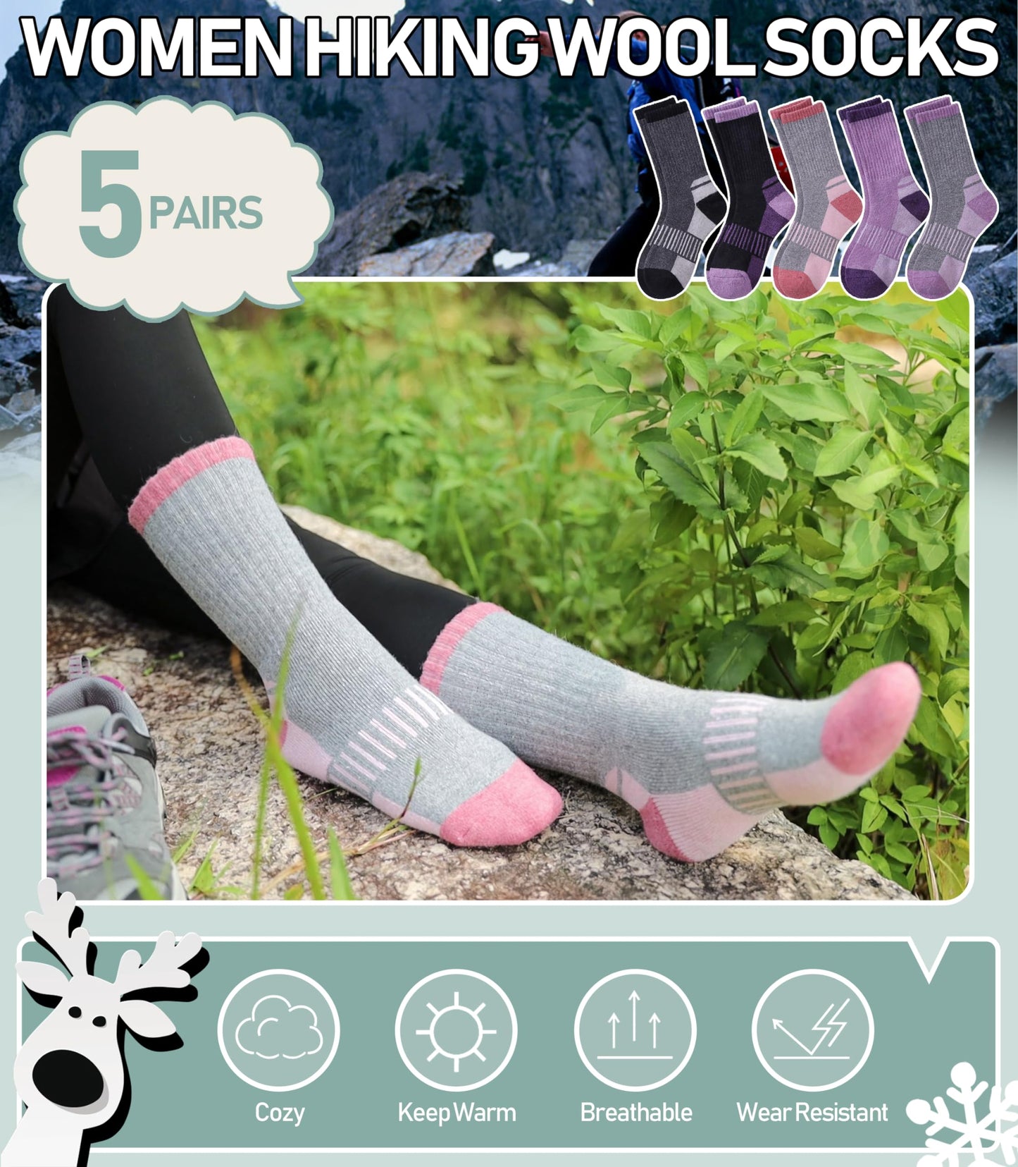 Yebing Merino Wool Hiking Socks for Womens Thermal Warm Winter Boot Crew Cushion Cozy Thick Work Gift Socks 5 Pairs Mixed Color A,Large