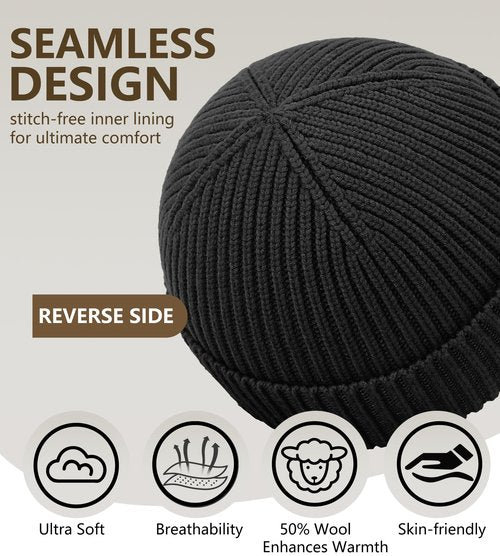Seamless Beanie Hat for Men Women, Wool Fisherman Beanies, Unisex Cuffed Knit Warm Winter Hats Skull Cap Ski Caps Black