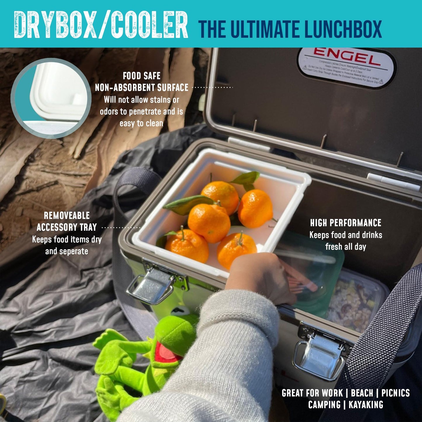 Engel UC7 7.5qt Leak-Proof, Air Tight, Drybox Cooler and Small Hard Shell Lunchbox for Men and Women in Black with Blue Interior