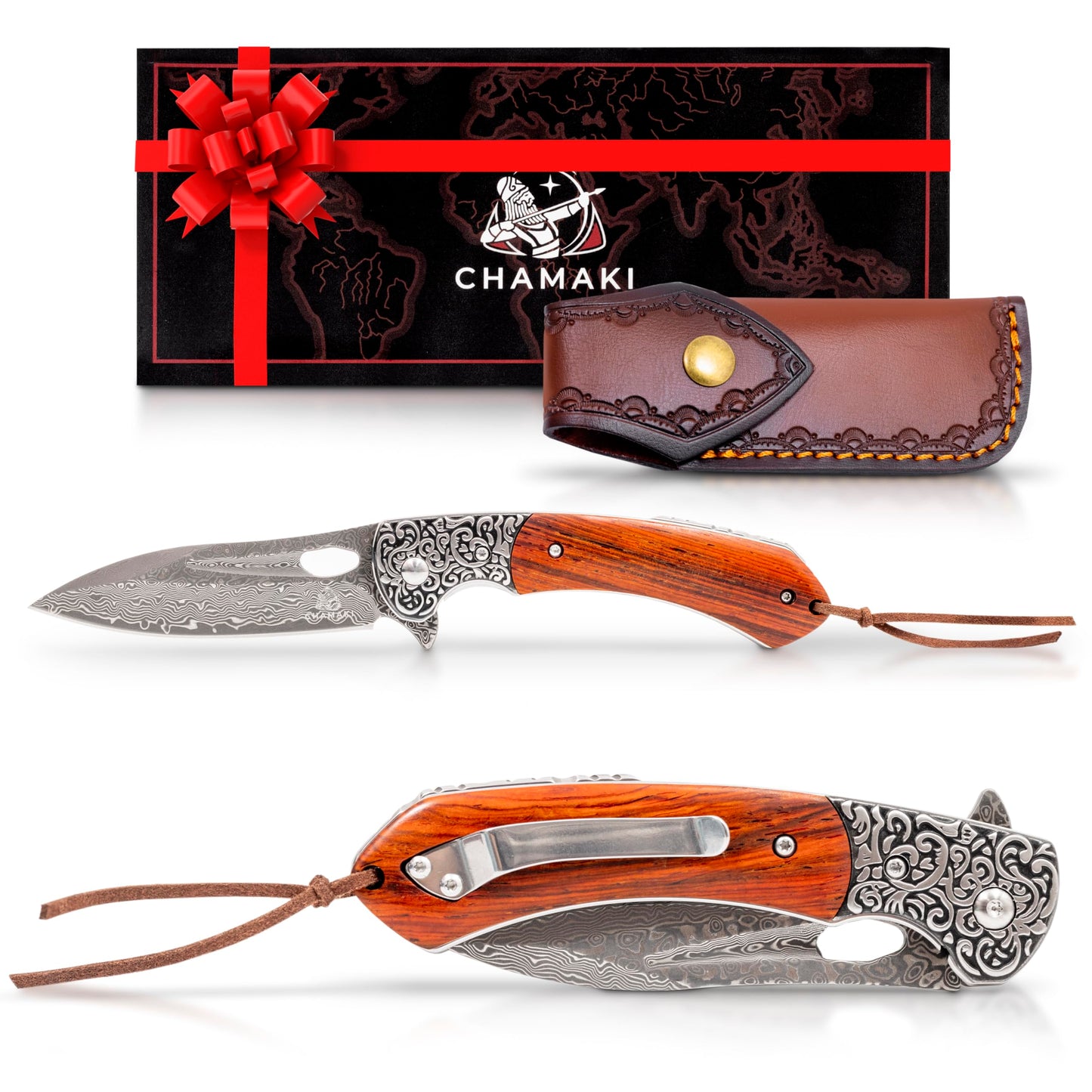 Damascuse Steel Pocket Knife with Leather Sheath - Fashionable Design Sandal Wood Handle 76 Layers VG10 Manual Damascus Folding Knife Sandel Wood Handle Collect Strong and Elegant Outdoor Pocket Knife