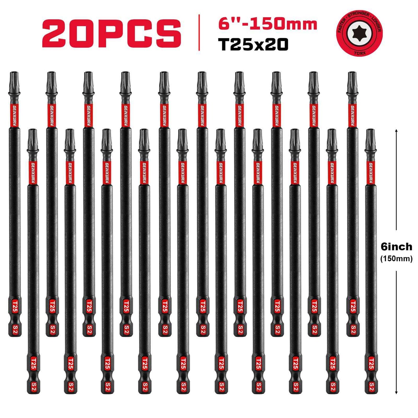 GEINXURN 20Pack Impact Tough #25 Torx 6 in. Insert Driver Bits, Magnetic T25 Head Power Bits, S2 Alloy Steel T25 Screwdriver Bits Set Bulk