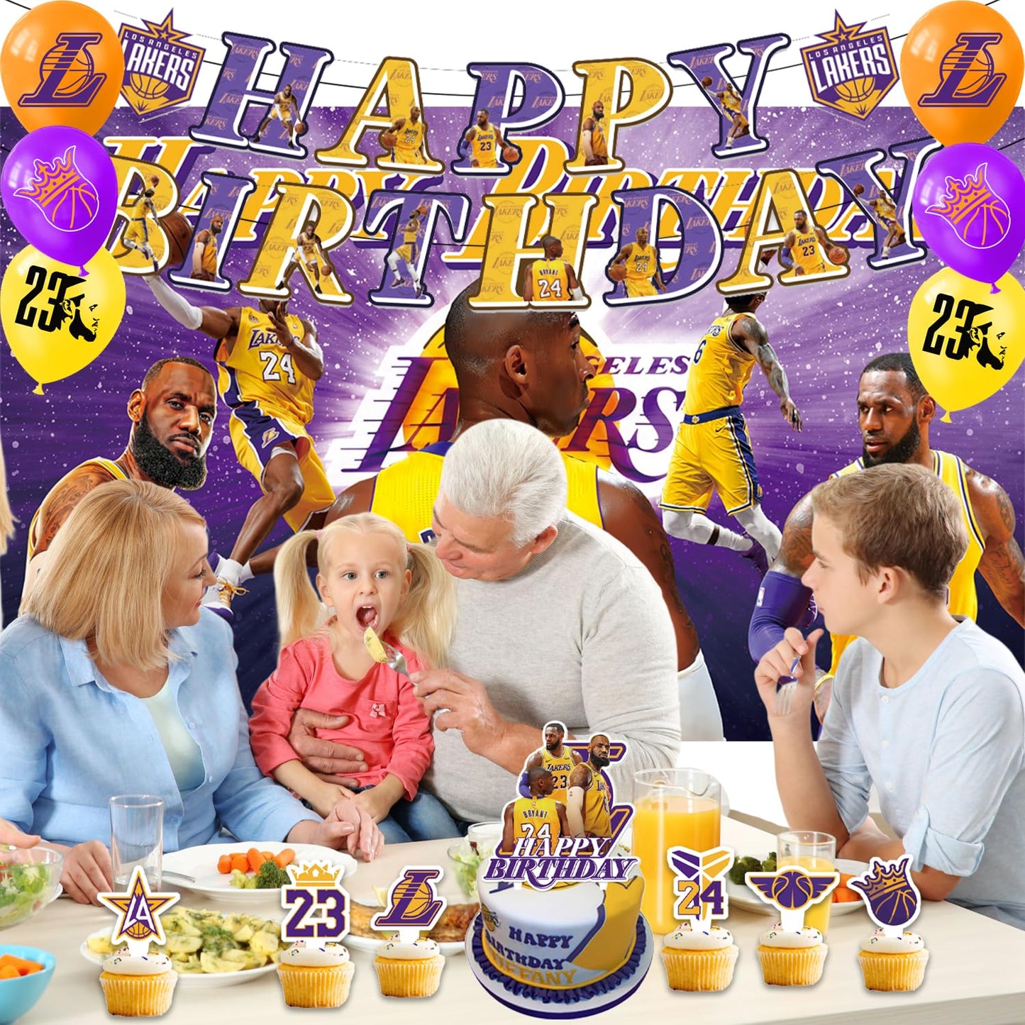 42Pcs Los Angeles Basketball Party Supplies Pack Includes，Banner，Cake Topper，Blackdrop,Balloons for The Laker party decoration