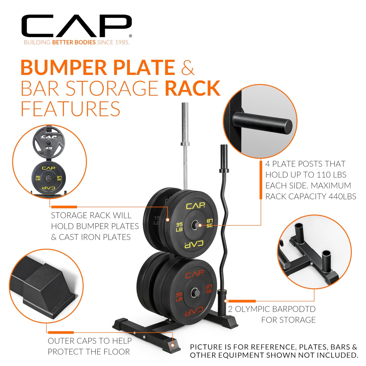 CAP 100 lb Elite Olympic Bumper Plate Set with Compact Storage Rack, 2-Inch Olympic Plates, Medium Bounce Rubber Weight Plates with Stainless Steel Hub, 4 Weight Posts & 2 Barbell Holders for Weightlifting, Strength Training & Home Gym Workouts