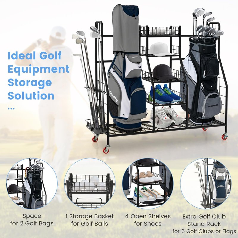 Tangkula Golf Bag Storage Rack for Garage, Heavy Duty Metal Double Golf Bag Storage Rack with Removable Golf Club Stand, Shelves & Lockable Wheels, Extra Large Golf Equipment Organizer for Garage