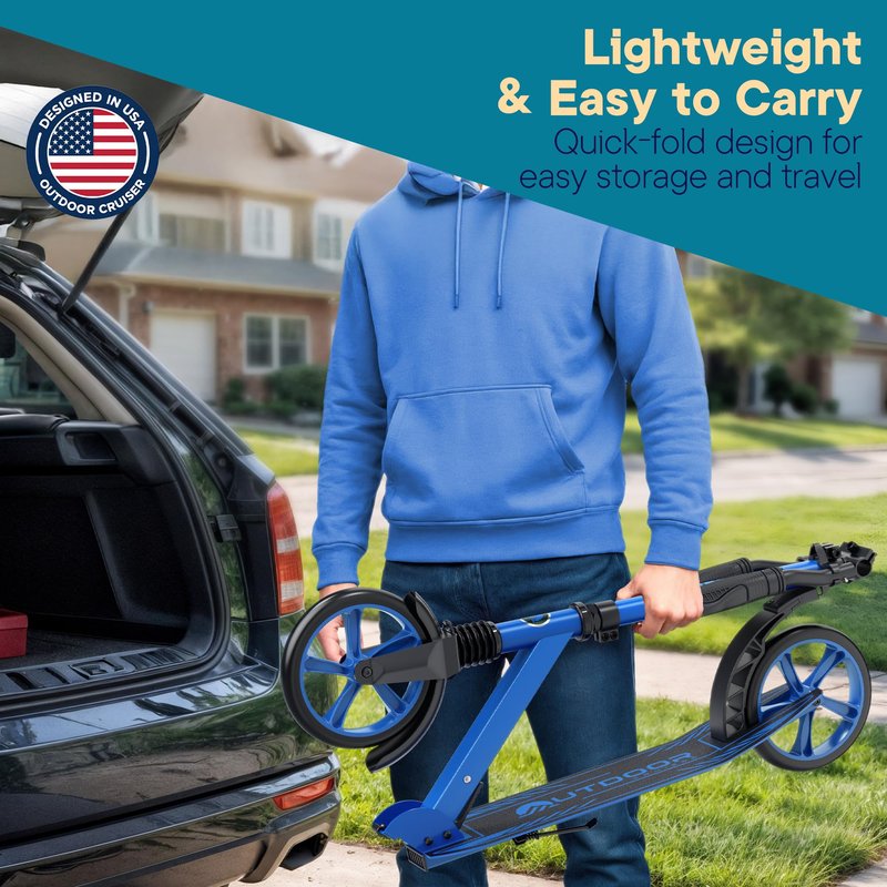 Outdoor Cruiser Kick Scooter for Ages 6+, for Kids, Teens, and Adults, Max Load 250 LBS, Foldable, 8-inch Wheels for Kids and Adults, Dual Suspension, 3 Adjustable Levels, Child Safety Approved, Blue