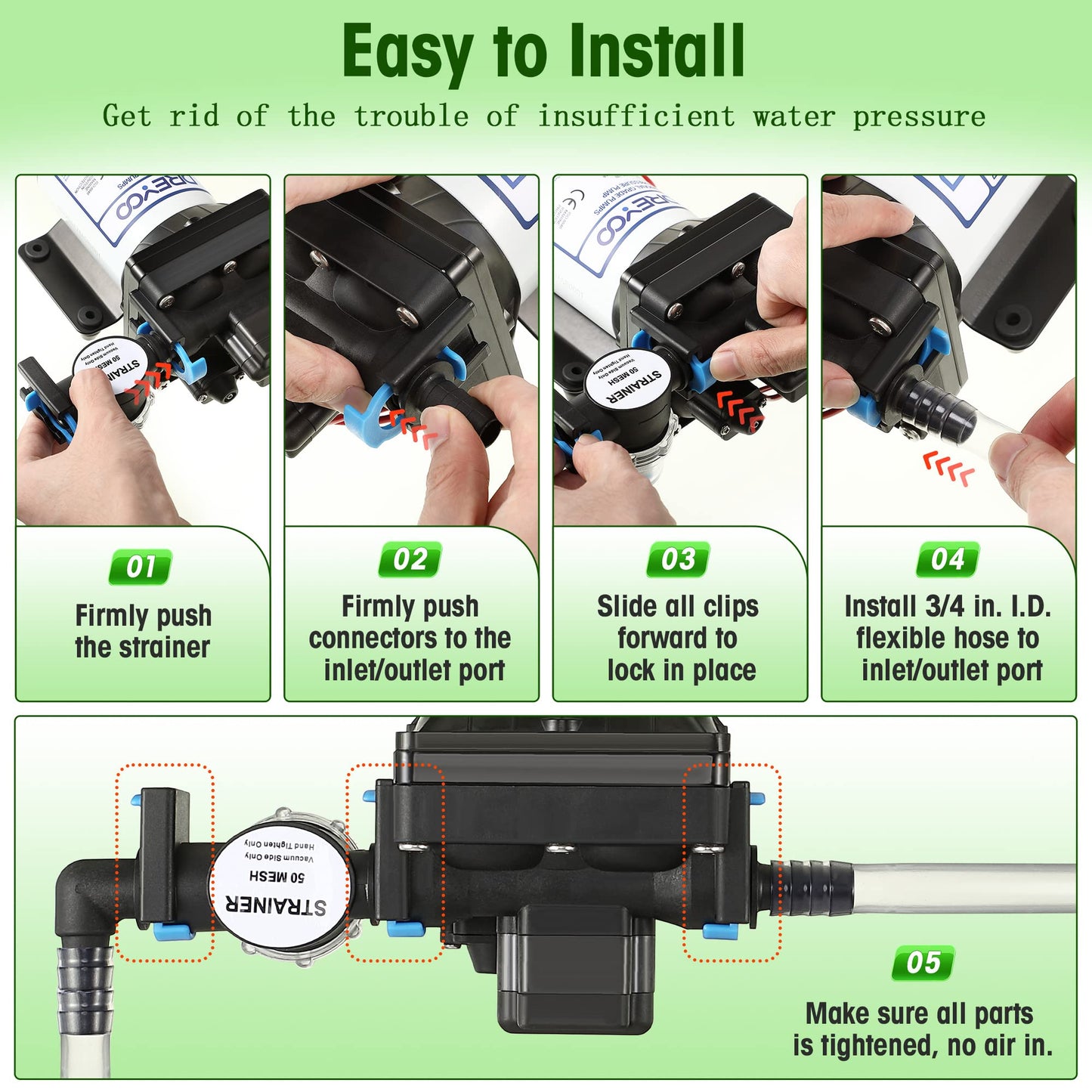 Dreyoo 12V RV Water Pump, 3.5GPM 55PSI Self Priming Automatic Diaphragm Water Pump with Adjustable Water Pressure Switch for RV Marine Yacht Agriculture(12V 55PSI 3.5GPM)