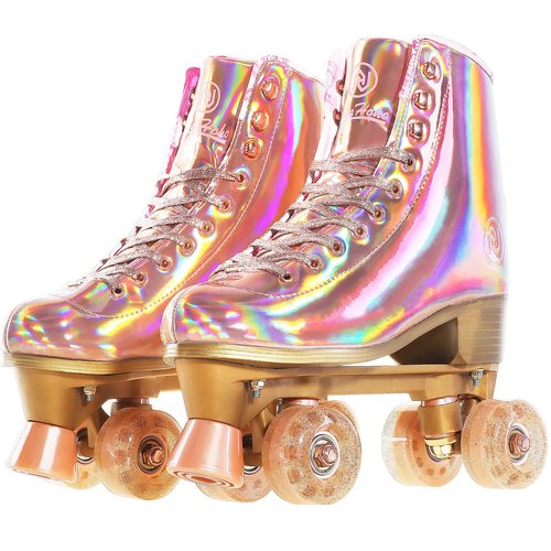 JajaHoho Roller Skates for Women, Holographic High Top PU Leather Rollerskates, Shiny Double-Row Four Pink Glitter Wheels Quad Skates for Girls and Age 8-50 Indoor Outdoor (Size 8, Rose Gold)