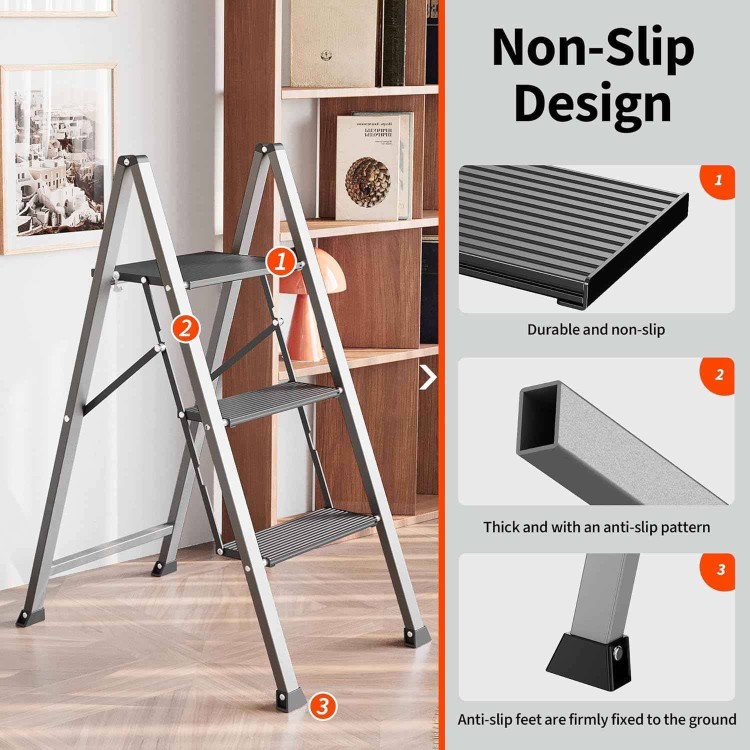 DIAMONDFORGE 4-Step Folding Ladder - Sturdy Steel Construction, Anti-Slip Pedals & Feet, Handgrip - Home Use, White & Red