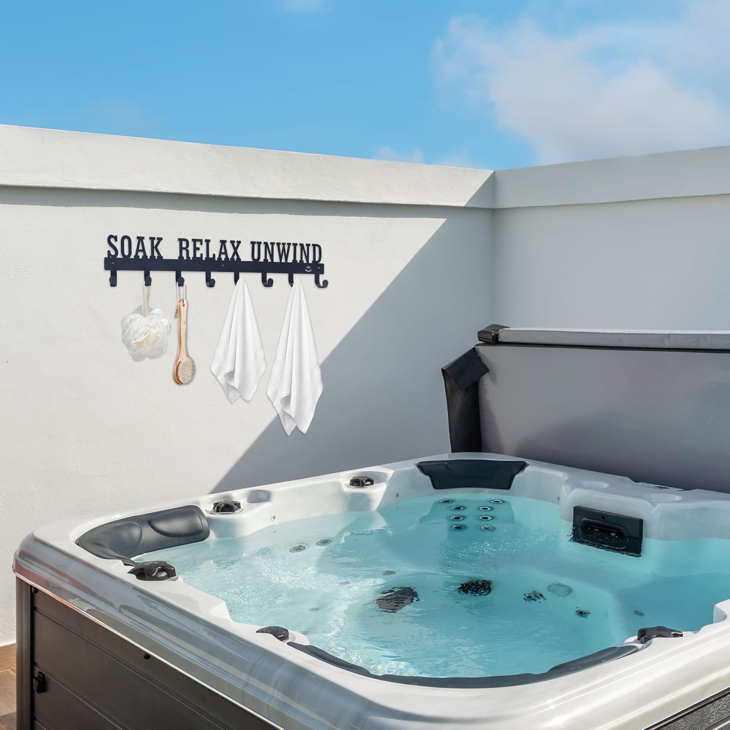 noxozoqm Hot Tub Towel Rack for Outdoor 16.5 inches, Hot Tub Accessories Holder with 8 Hooks, Towel Rack for Bathroom and Outside Hot Tub, Wall Mount Towel Organizer for Towels,Coats and Robes, Black