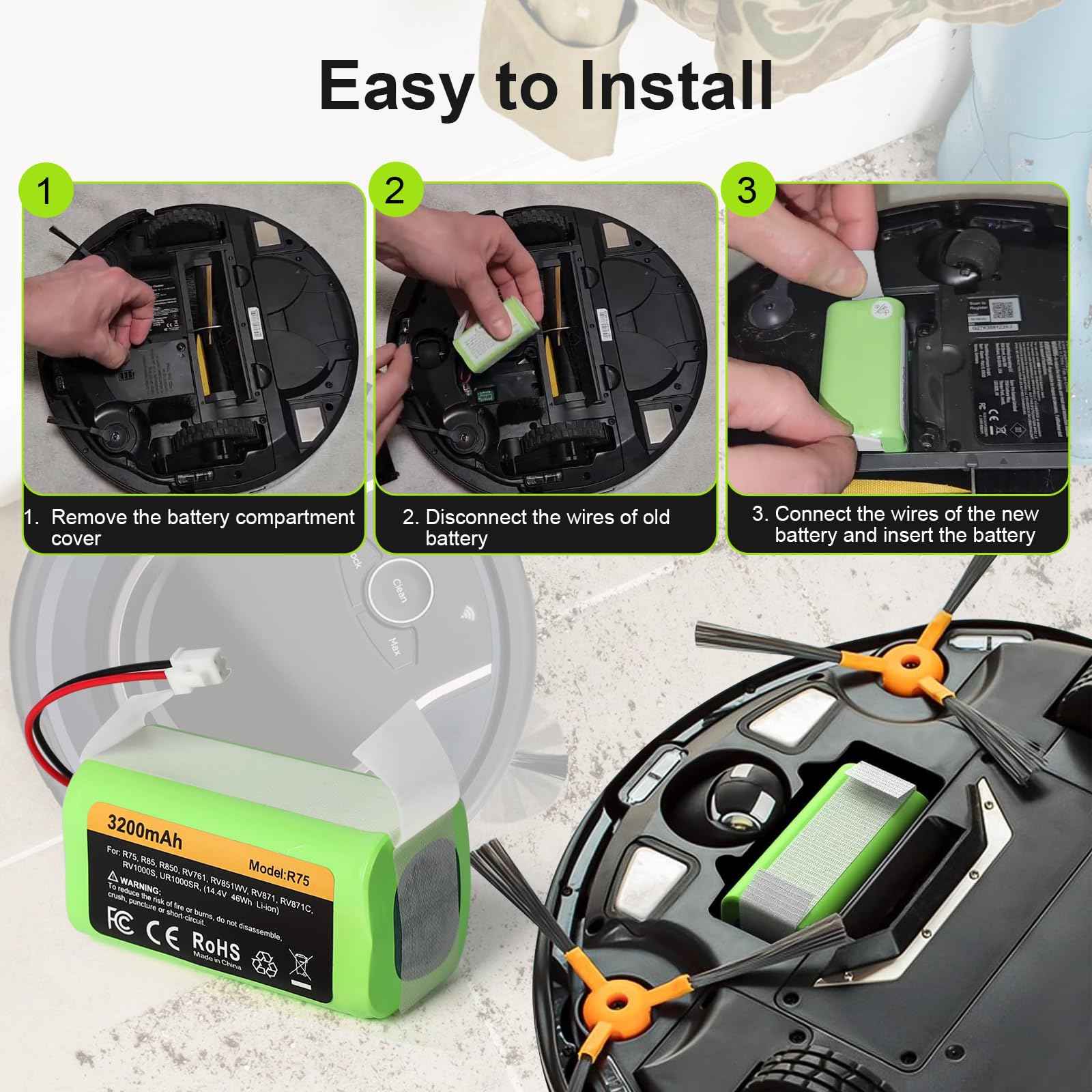 Topwowe Replacement RVBAT850 Battery (3200mAh, 2-Prong Connector) Compatible with Shark Ion R75, R85, RV761, RV850C, RV1000S, RV700_N, RV720_N, UR1000SR (1 Pack)