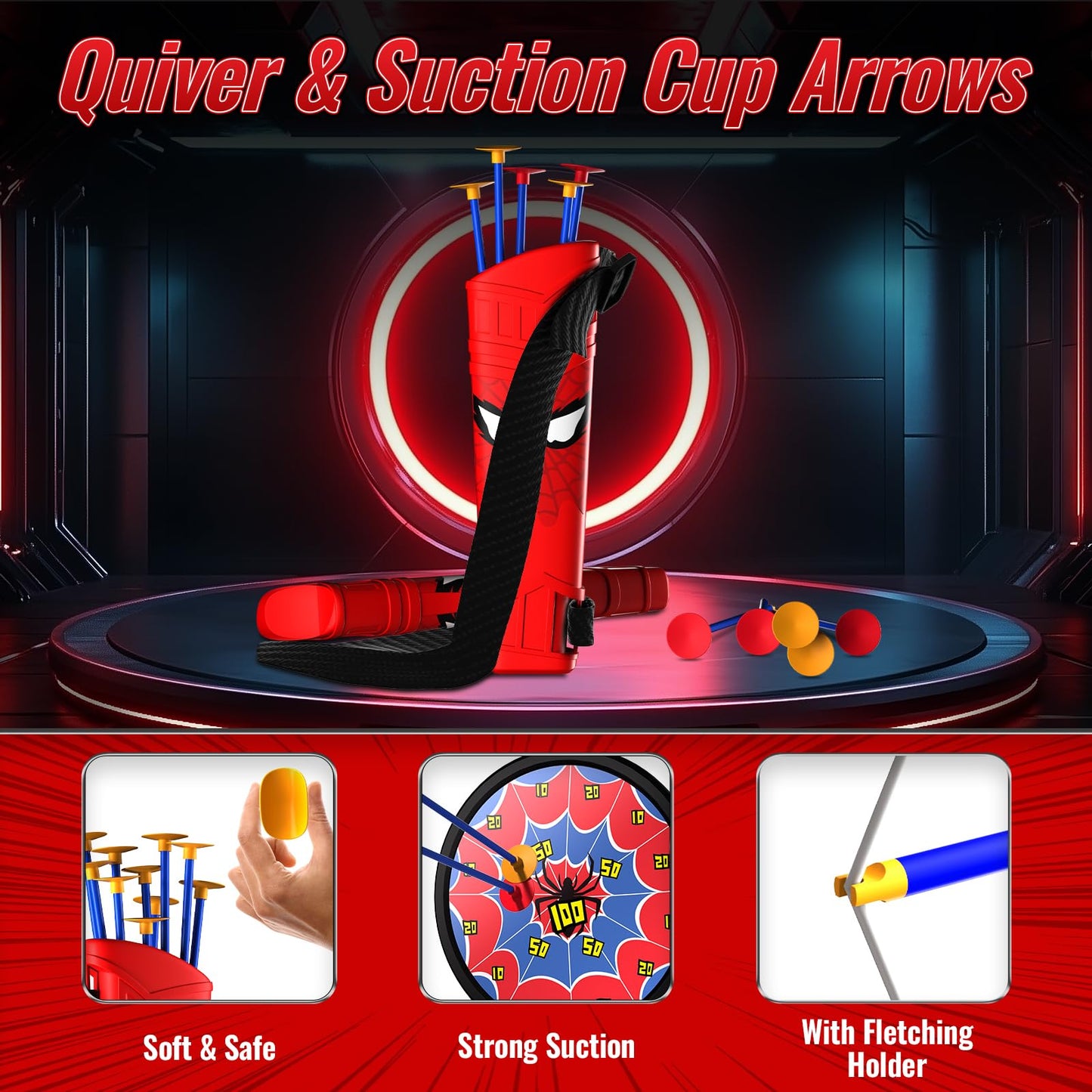 Spider Bow and Arrow Set for Kids, Led Light Up Kids Archery Set with Quiver & Web Target, 10 Suction Cup Arrows & another 3 Target Cans, Birthday Gift toys for 3 4 5 6 7 8 Year Old Boys Girls