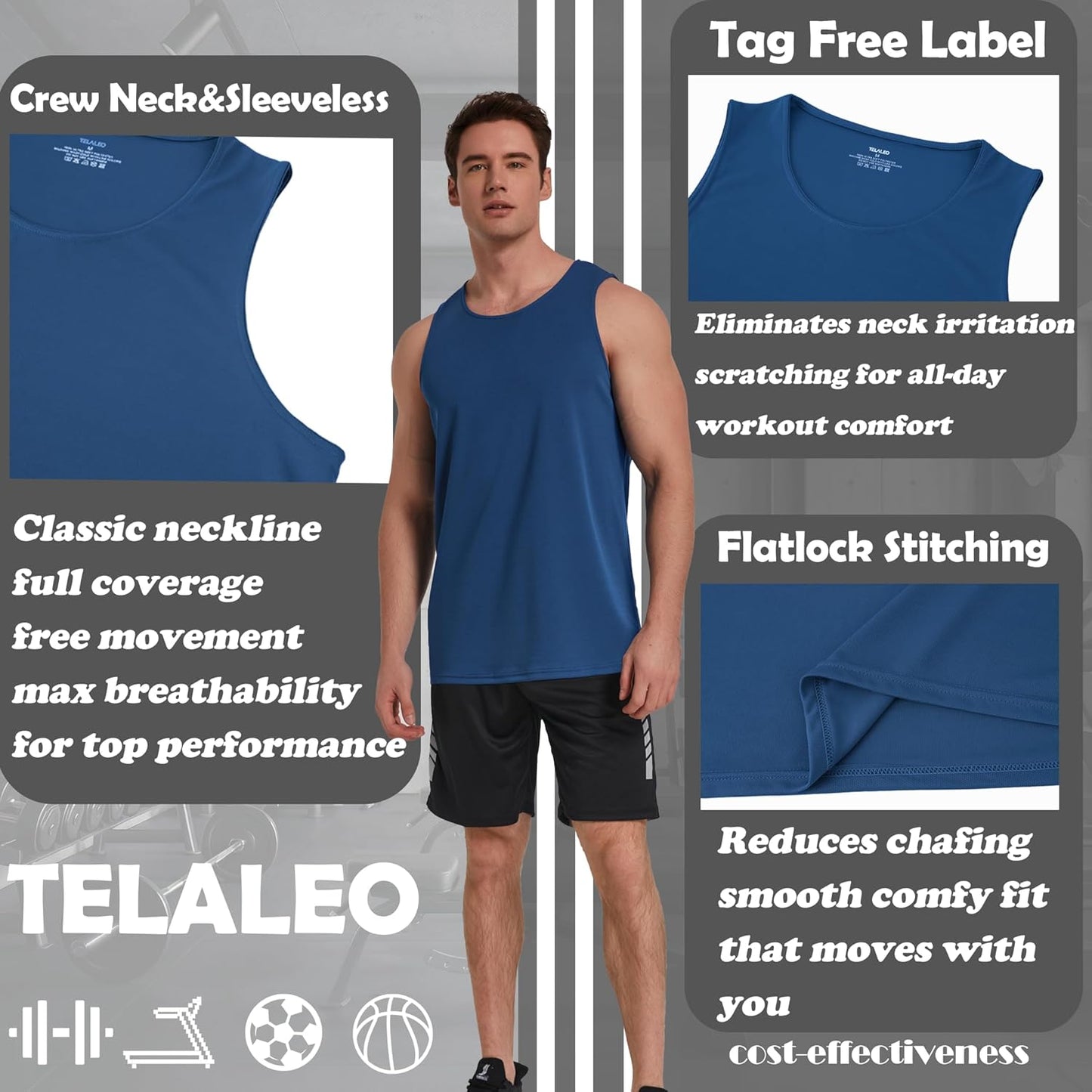 TELALEO Men's Workout Tank Tops - Quick Dry Sleeveless Mesh Gym Shirts | 5 Pack in Black, Gray, Charcoal, Navy, Blue