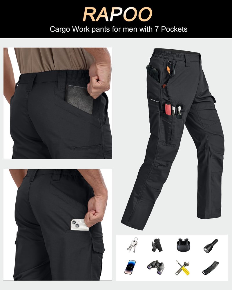 Rapoo Cargo Work Pants for Men Military Army Casual Hiking Pants for Men with Multi Pockets Elastic Waist Mens Ripstop Construction Carpenter Pants Black 34Wx32L