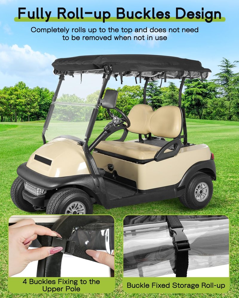 2 Passenger Golf Cart Enclosure for Club Car Precedent 2-Seater 57.5" Roof 3-Sided Clear Windows Roll-up Door No Windshield Curtain Waterproof Transparent Driving Rain Cover Black (with Seat Towel)