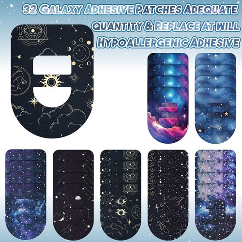 Geiserailie 32 Pack Adhesive Patches Compatible with Omnipod 5, CGM Patches, Galaxy Adhesive Tape Stickers, Sensor Covers Waterproof Sweat Proof Flexible Breathable Pre-Cut, Long Lasting