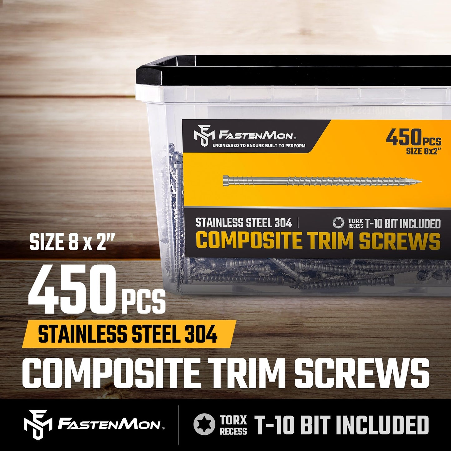 FM FastenMon Composite Trim Screws, #8 x 2” Stainless Steel 304, 450pcs, Hidden Fastener for PVC & Wood, Outdoor Deck, & Exterior, Rust-Resistant, T-10 Star Drive, 2.8lbs